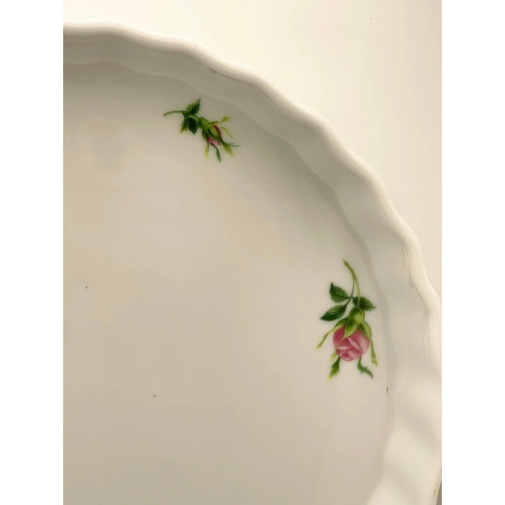 Christineholm Porcelain Quiche Tart Dish Pink Rose Floral Fluted White‎ Round
